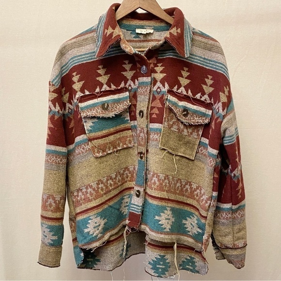 La Miel Size Small Aztec Shacket Western Shirt Jacket Frayed Hems Cowgirl - Picture 7 of 16